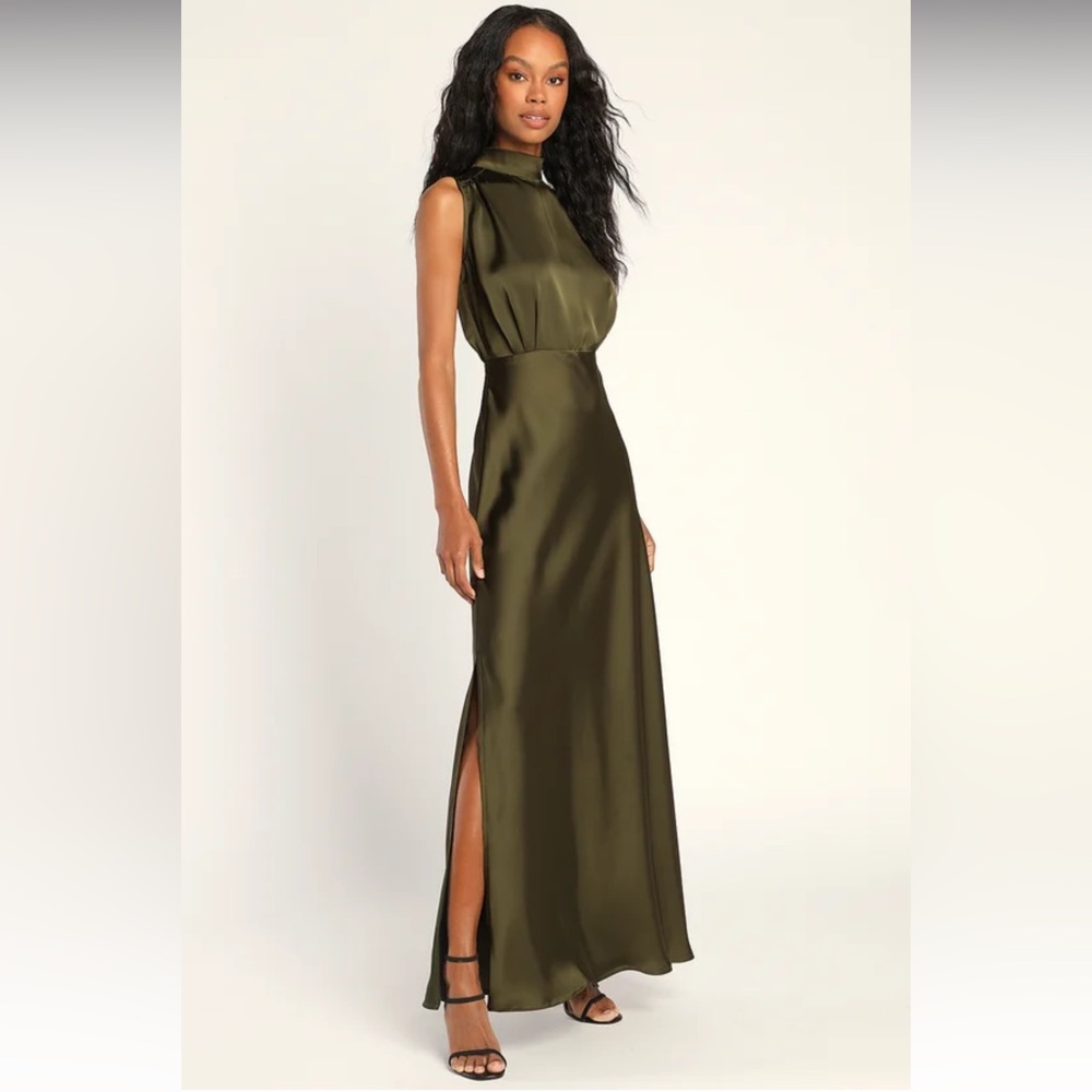 NWT Lulus Classic Elegance Olive Satin Sleeveless Mock Neck Maxi Dress,  Small